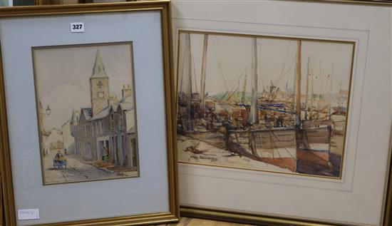 Two watercolours, one of harbour scene and a street scene, one signed Robert Kilpatrick, the other Harry Bersteiner largest 32 x 42cm,